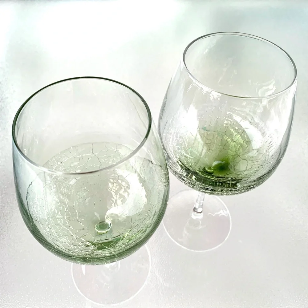 Pier 1 Green Crackle Red Wine Glasses ~ Set of 2